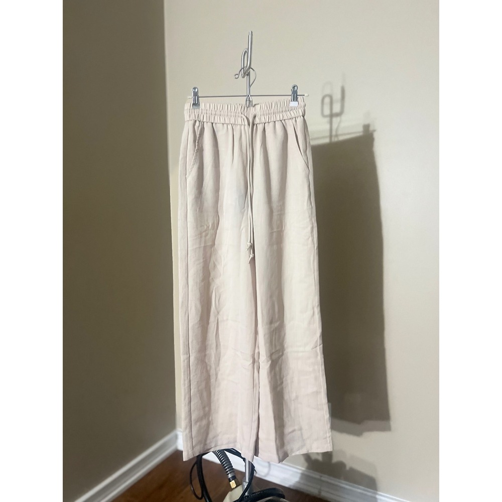 Halara Linen Like Wide Leg Pants Beige High Waisted Drawstring XS Regular NWT
